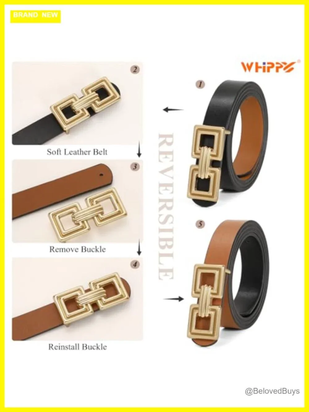 Reversible Faux Leather Belt with Gold Buckle for Women